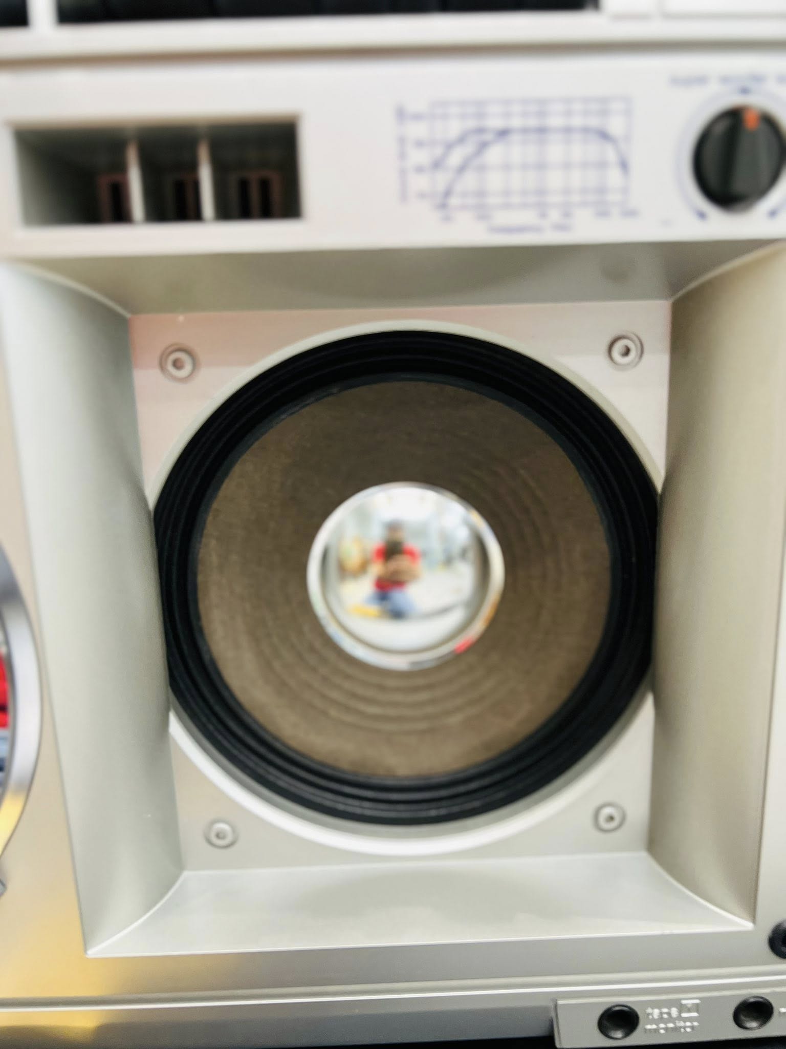 Loa bass lớn trên dàn âm thanh màu bạc, chụp cận cảnh mặt loa và viền nhựa xung quanh