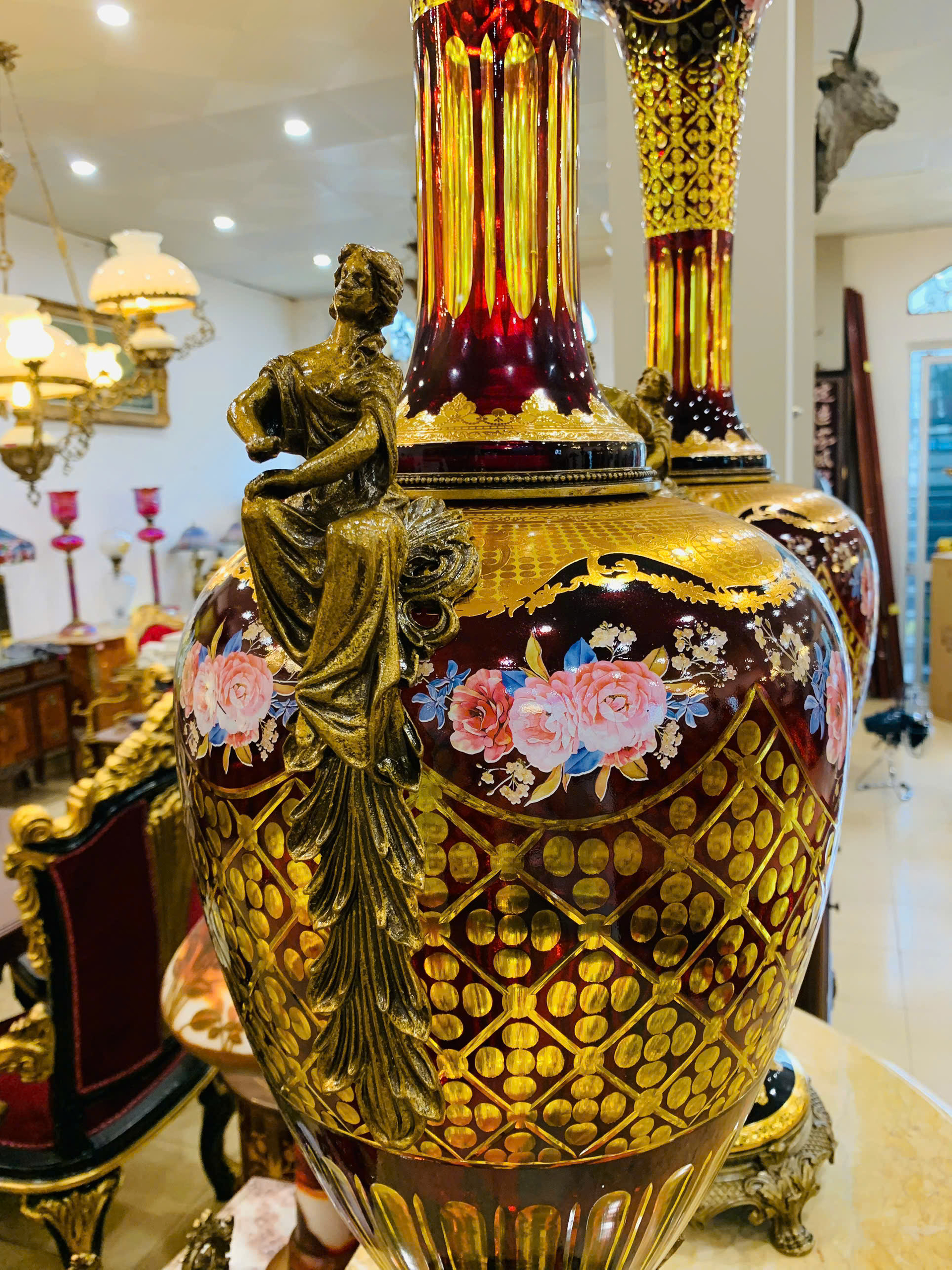 [PH0091- 2] Đôi Cúp Pha Lê Châu Âu màu Hổ phách