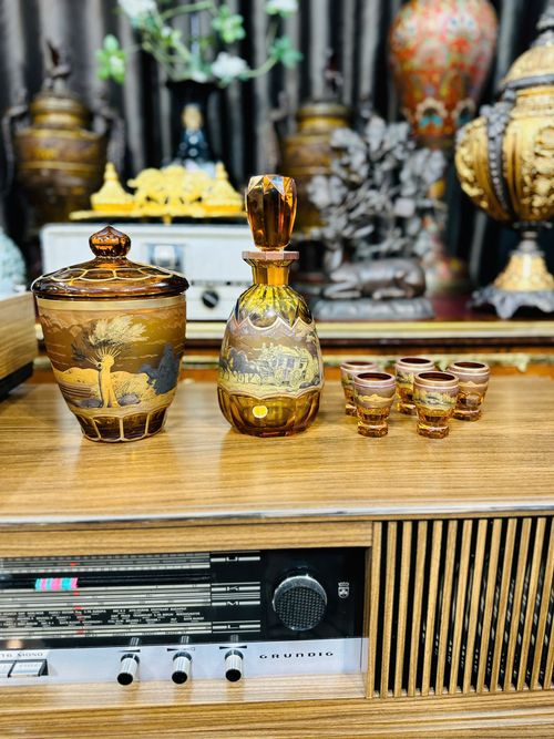 (Ok G) Bộ Bình Ly Rượu Pha Lê Tiệp Khắc Vẽ Họa Tiết Hoa Cao Cấp