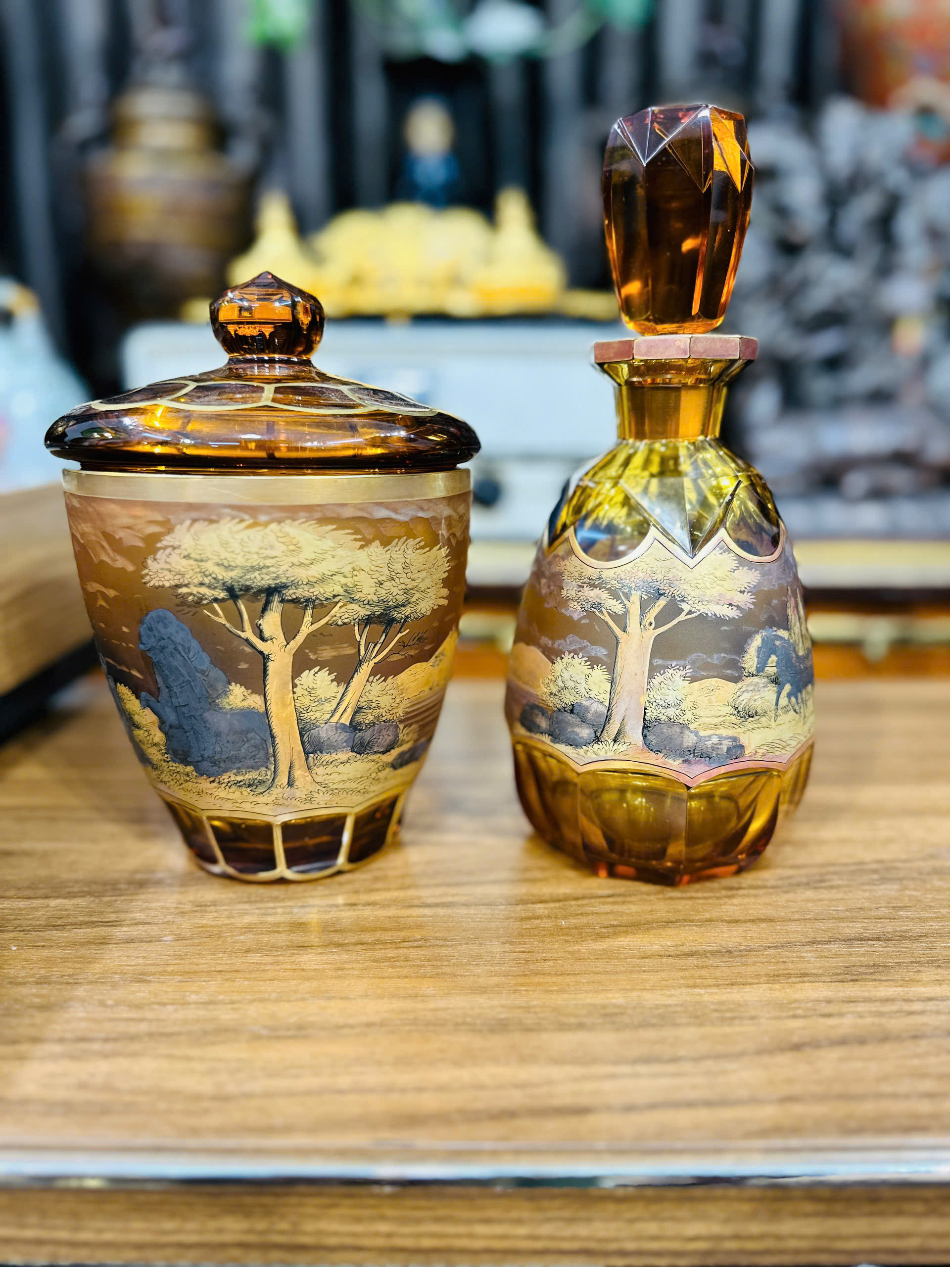 (Ok G) Bộ Bình Ly Rượu Pha Lê Tiệp Khắc Vẽ Họa Tiết Hoa Cao Cấp