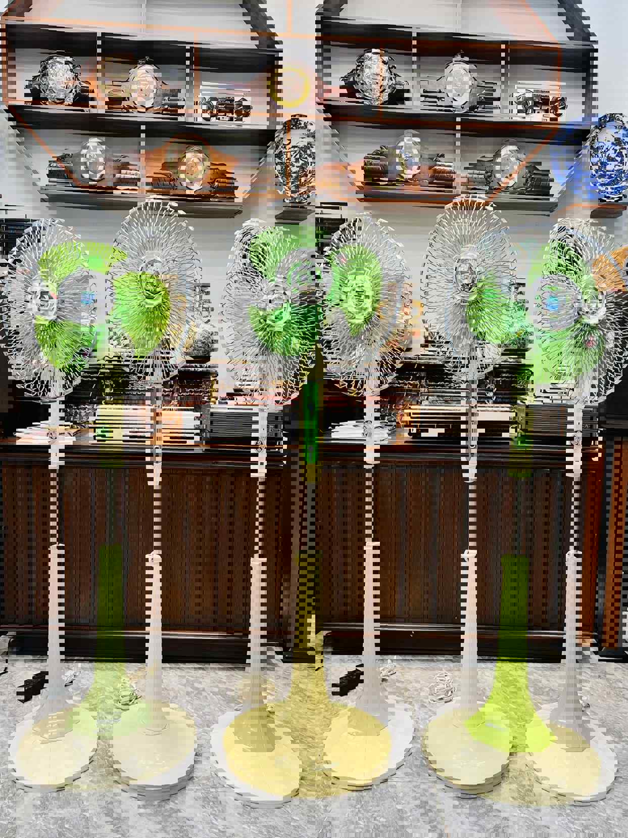 Ba quạt cây Nhật Bản cổ cánh xanh nguyên bản, kiểu dáng vintage, hàng sưu tầm trưng bày showroom đồ cổ cao cấp.