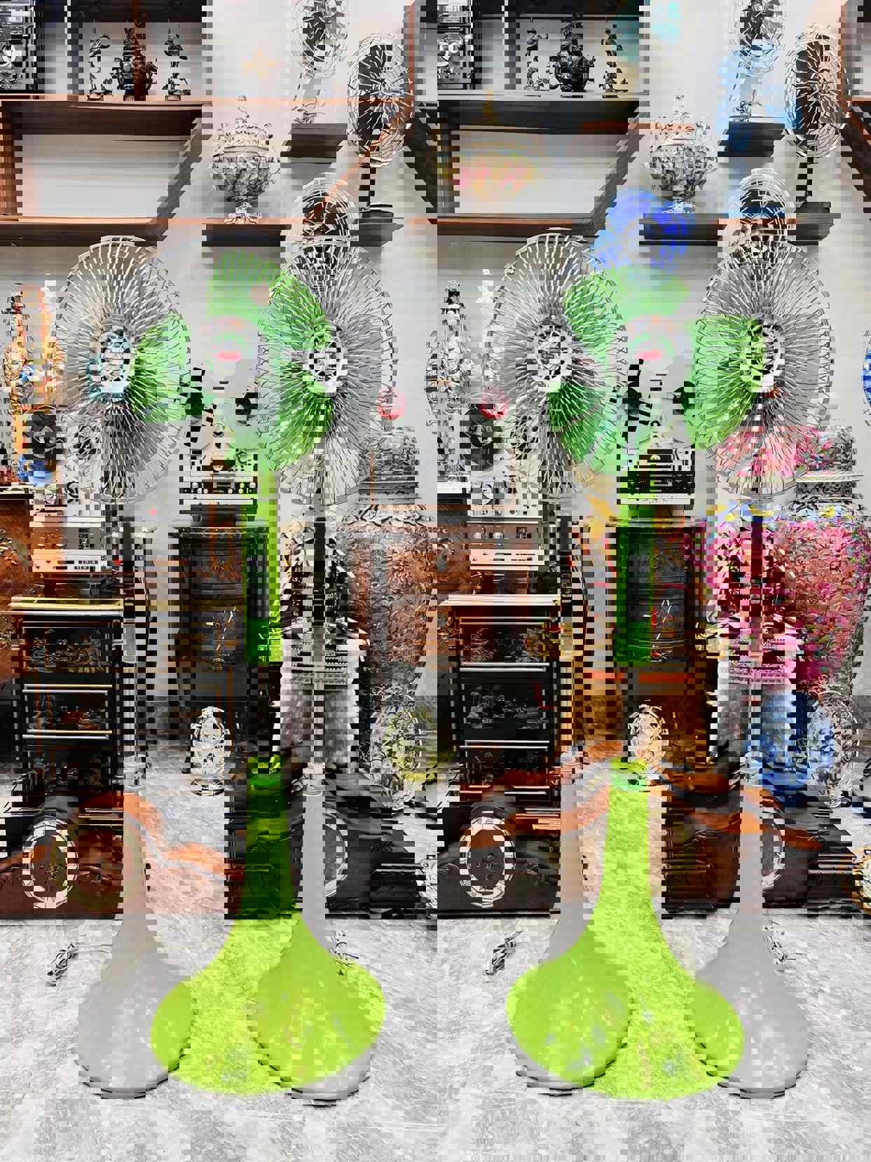 Cặp quạt cây cổ National màu xanh cốm nguyên bản, hàng độc VIP chất lượng cao, kiểu dáng vintage thập niên 70–80